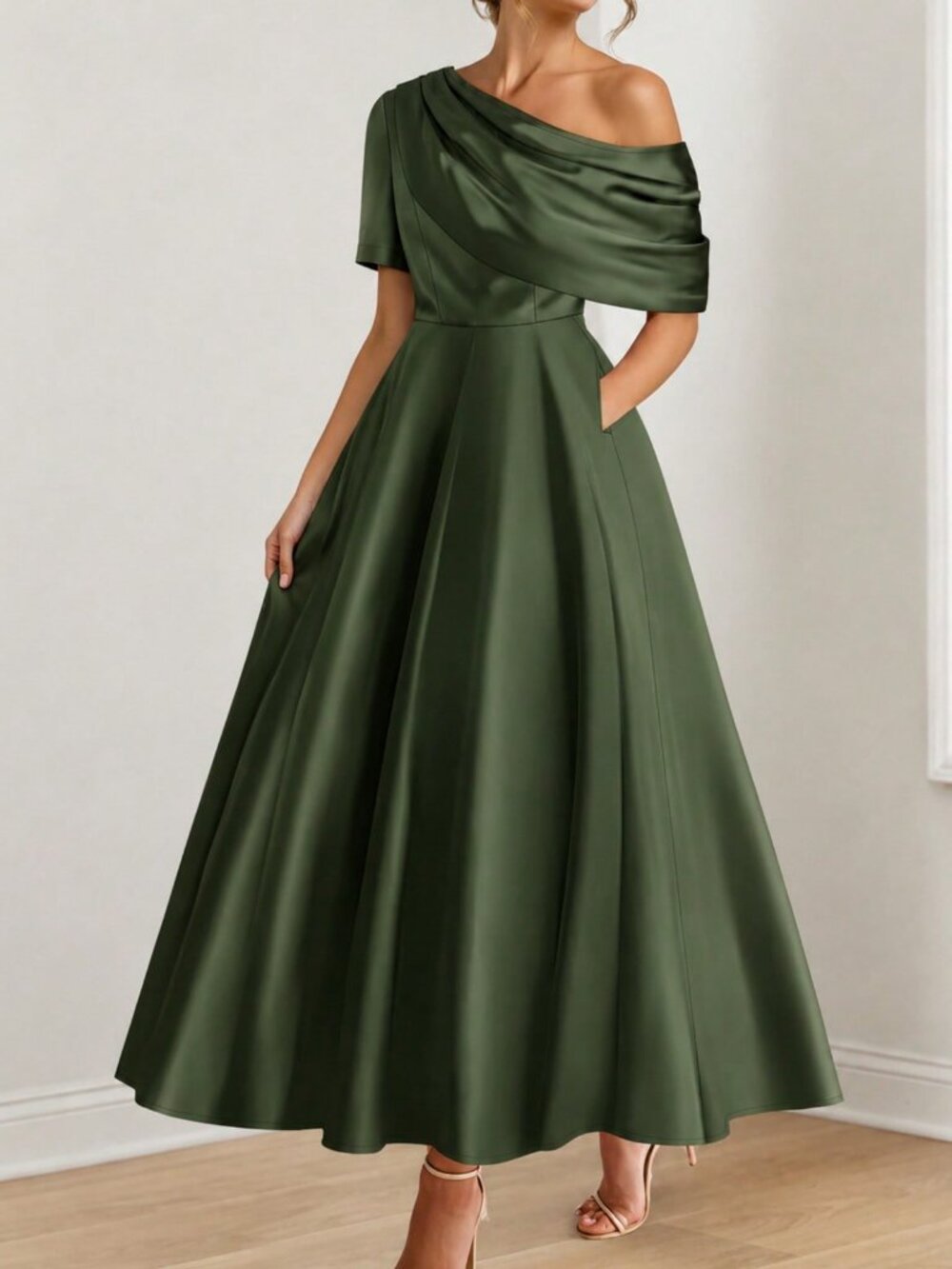 Olive Green Elegant Regular Fit Asymmetrical Ruched Zipper Long A-Line Dress